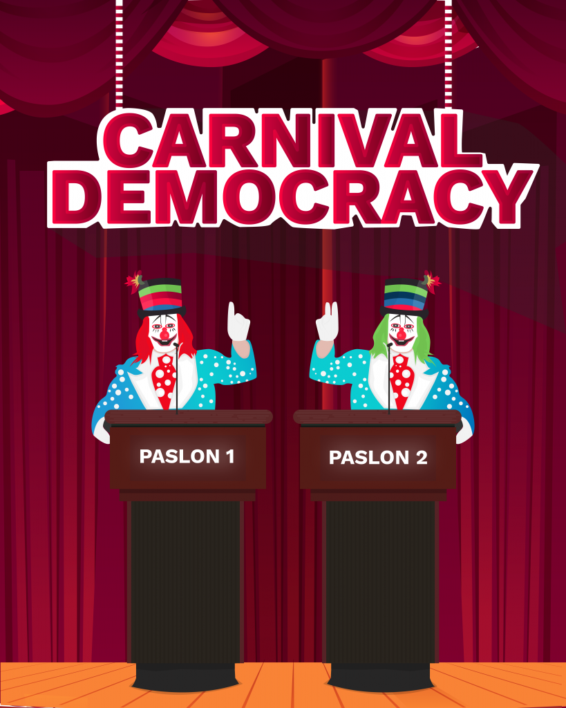 Ilustrasi demokrasi badut di dalam kampus